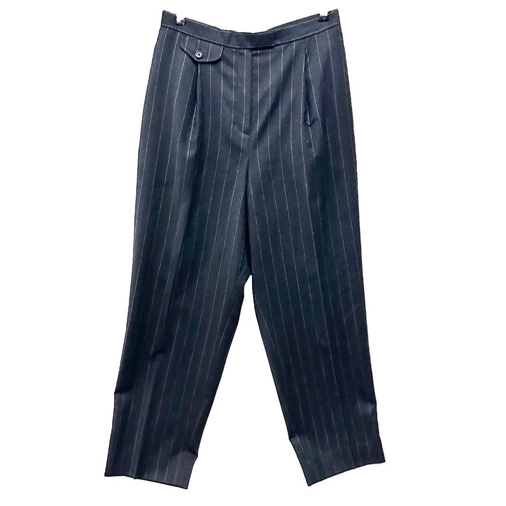 Vintage Ralph Lauren Womens 14 Pinstripe Wool Trousers Pleated High Rise Grey